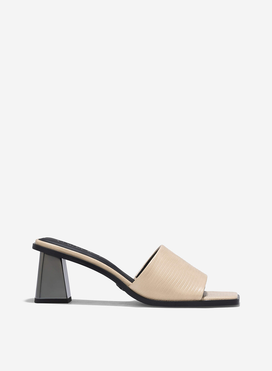 Aluminium-Effect Heel Alligator Print Mules - MUL 0216 - Beige - vascara.com