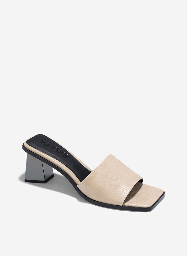 Aluminium-Effect Heel Alligator Print Mules - MUL 0216 - Beige - VASCARA
