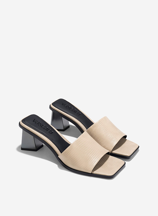 Aluminium-Effect Heel Alligator Print Mules - MUL 0216 - Beige - VASCARA