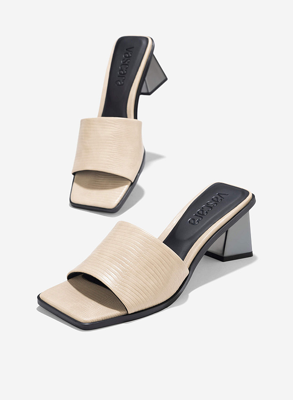Aluminium-Effect Heel Alligator Print Mules - MUL 0216 - Beige - VASCARA