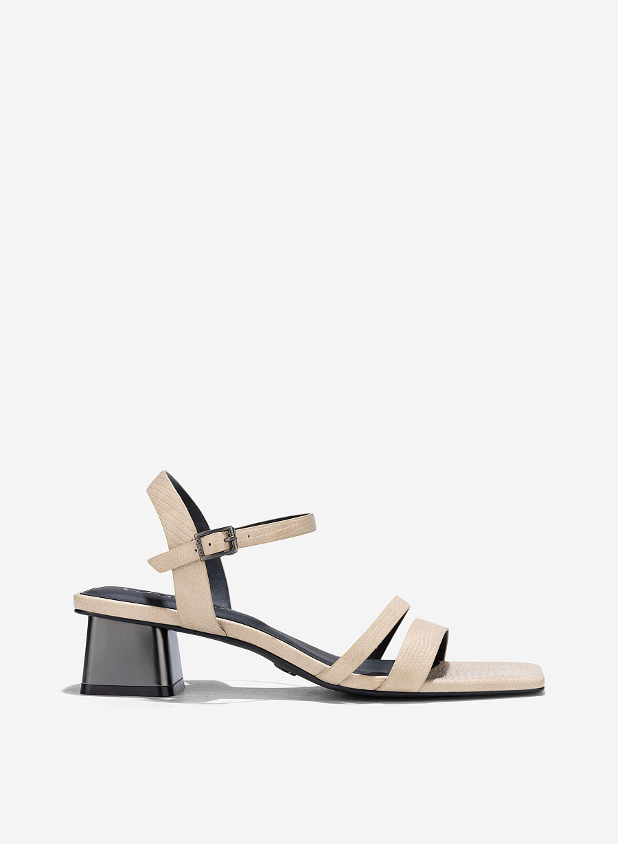 Aluminium-Effect Heel Alligator Print Sandals - PUM 0798 - Beige - vascara.com