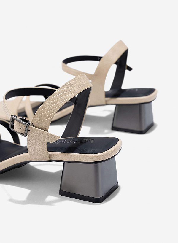 Aluminium-Effect Heel Alligator Print Sandals - PUM 0798 - Beige - VASCARA
