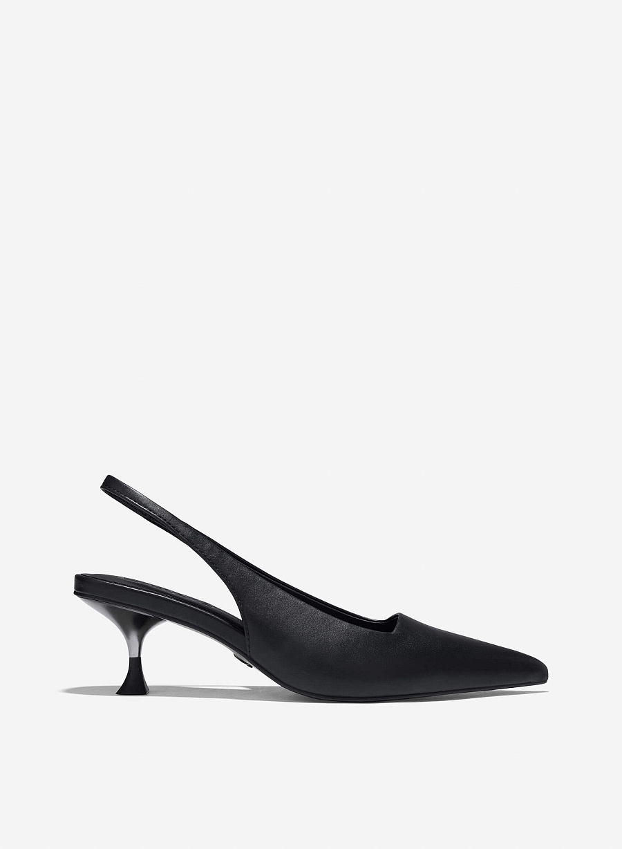 Aluminium-Effect Heel Pointed Toe Slingbacks - HIG 0659 - Black - vascara.com