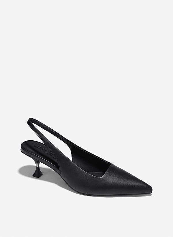 Aluminium-Effect Heel Pointed Toe Slingbacks - HIG 0659 - Black - VASCARA