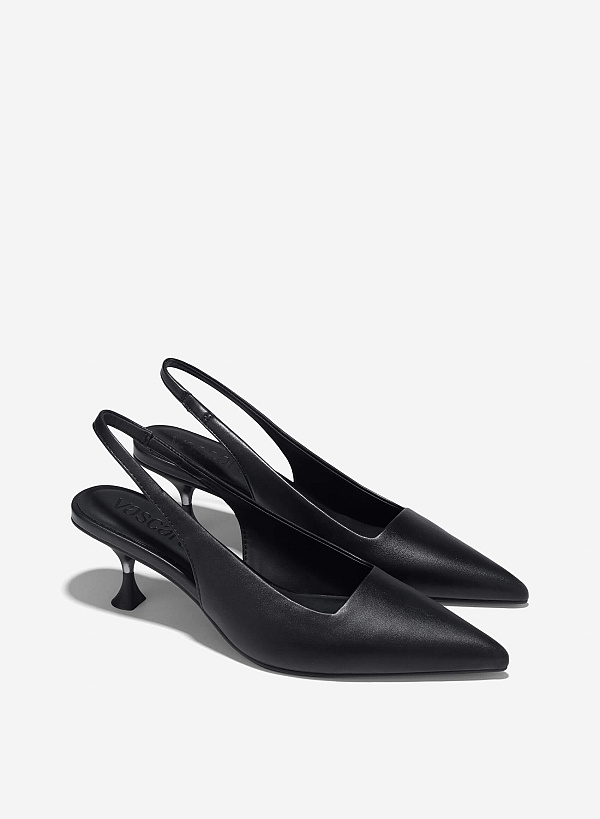 Aluminium-Effect Heel Pointed Toe Slingbacks - HIG 0659 - Black - VASCARA