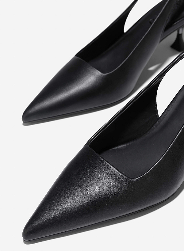 Aluminium-Effect Heel Pointed Toe Slingbacks - HIG 0659 - Black - VASCARA
