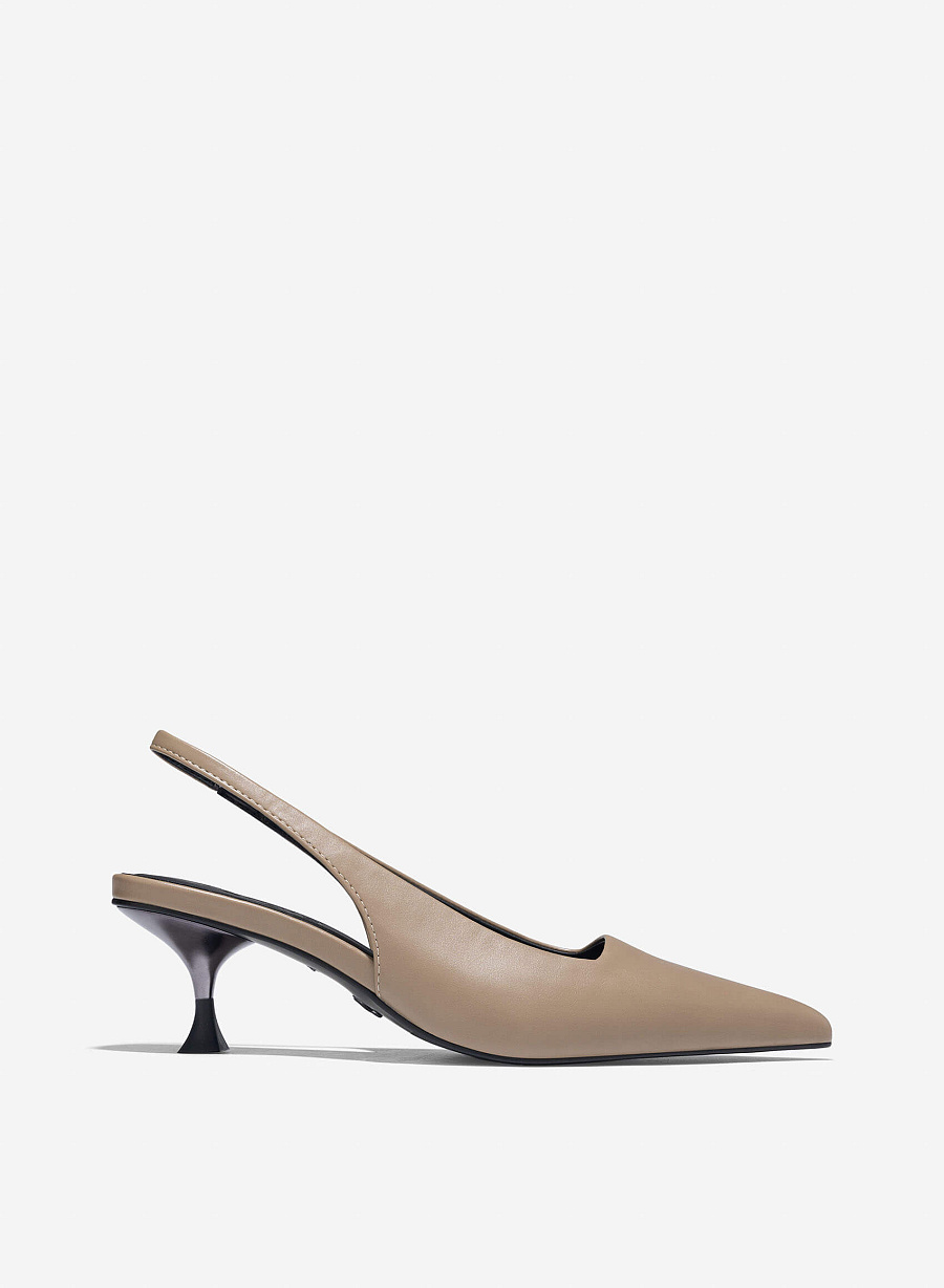Aluminium-Effect Heel Pointed Toe Slingbacks - HIG 0659 - Dark Beige - vascara.com