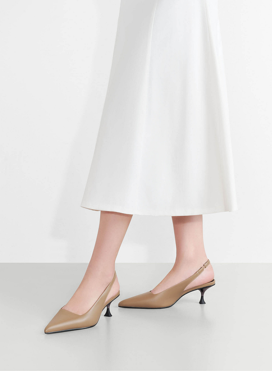 Aluminium-Effect Heel Pointed Toe Slingbacks - HIG 0659 - Dark Beige - vascara.com