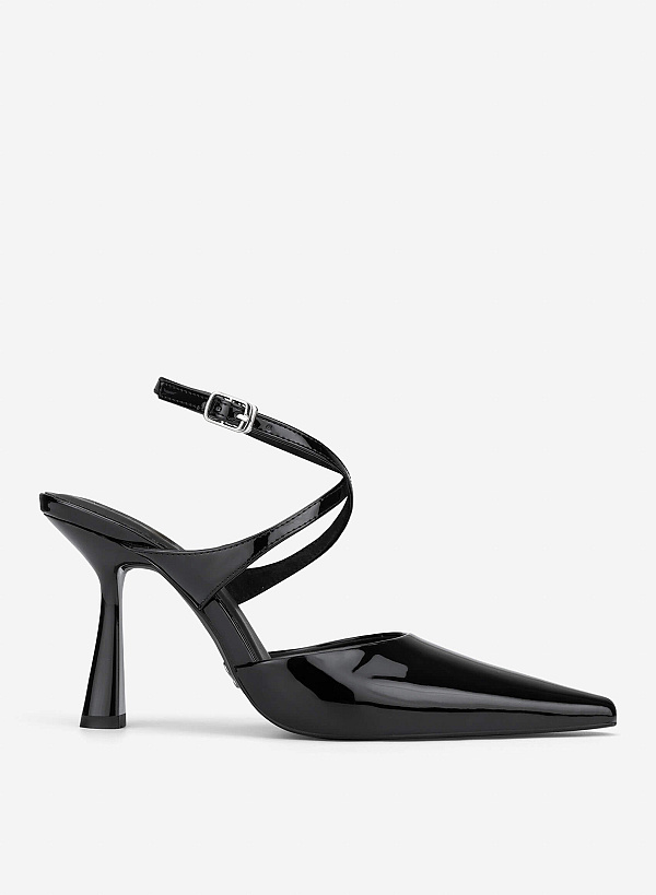 Ankle Cross Strap Pointed Spool Heels - HIG 0707 - Black