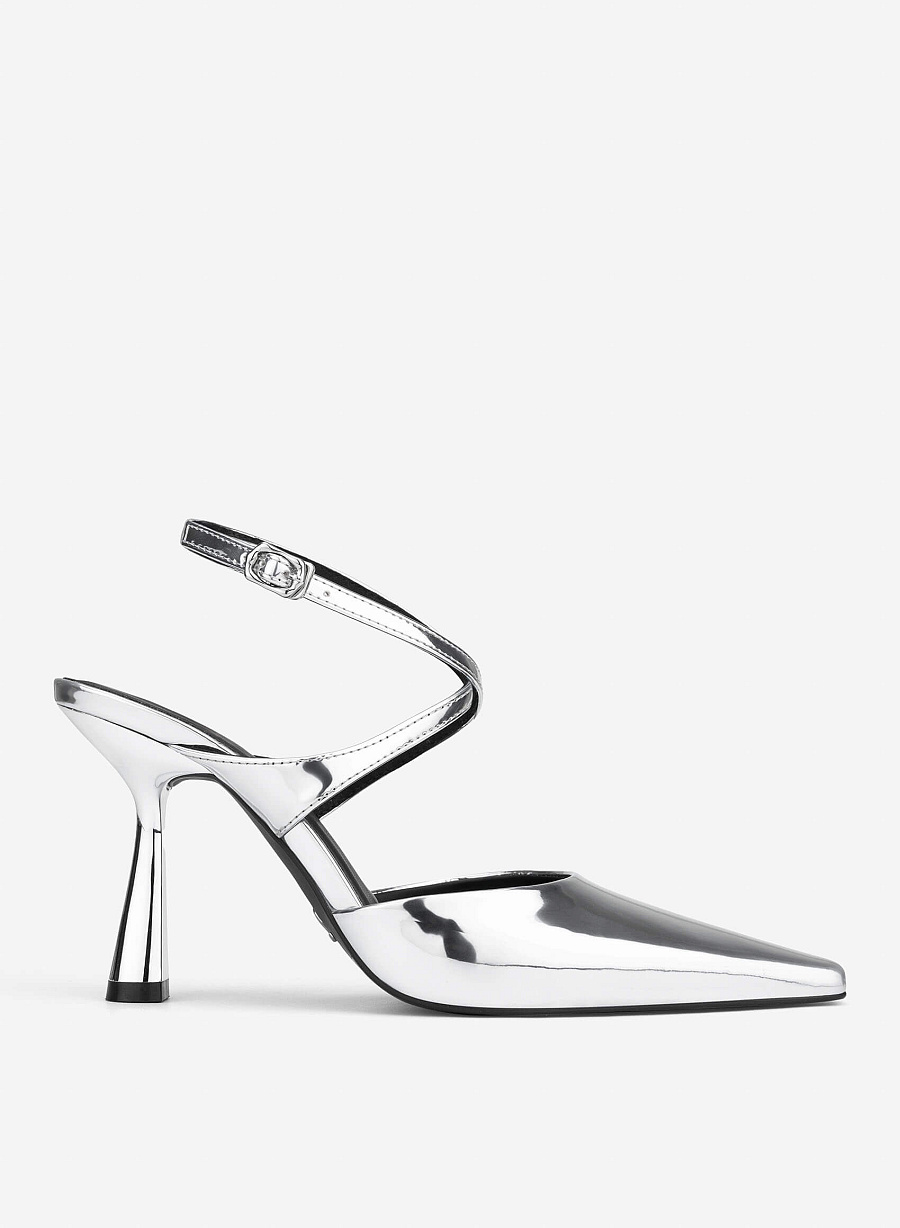 Ankle Cross Strap Pointed Spool Heels - HIG 0707 - Silver - vascara.com