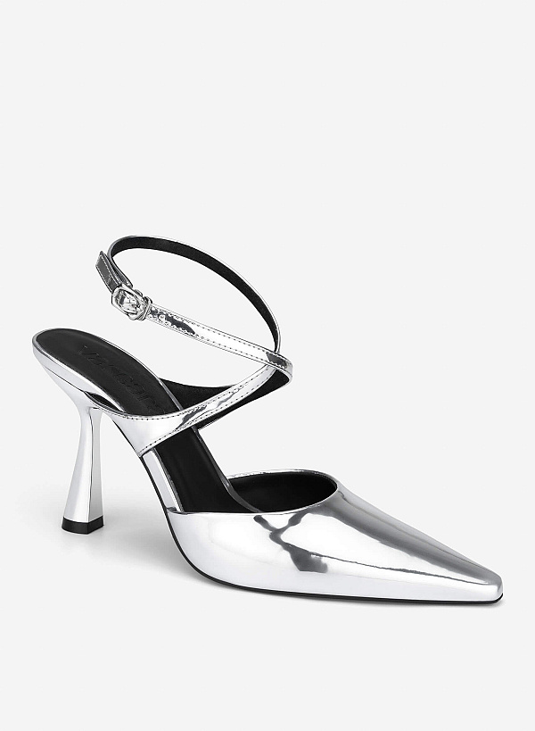 Ankle Cross Strap Pointed Spool Heels - HIG 0707 - Silver - VASCARA