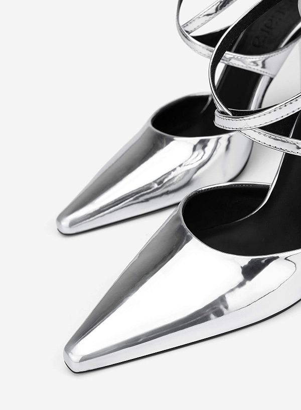Ankle Cross Strap Pointed Spool Heels - HIG 0707 - Silver - VASCARA