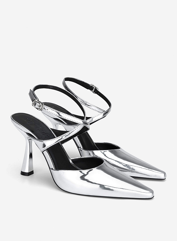 Ankle Cross Strap Pointed Spool Heels - HIG 0707 - Silver - VASCARA