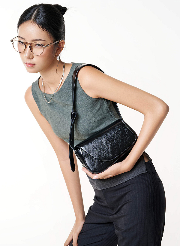 View more item Asymmetric Fold-Over Shoulder Bag - MES 0281 - Black