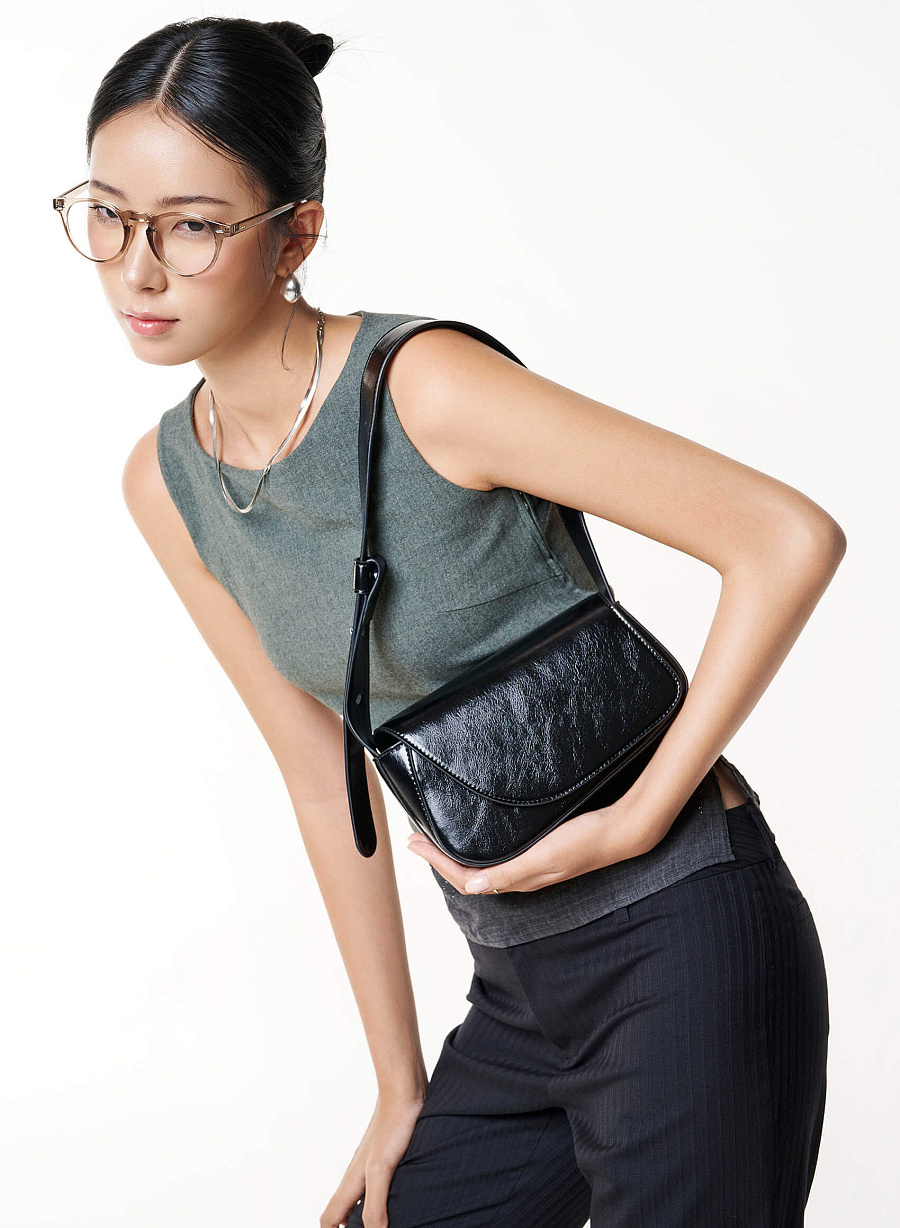 Asymmetric Fold-Over Shoulder Bag - MES 0281 - Black - vascara.com