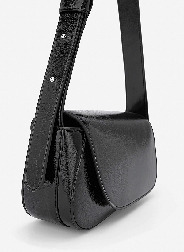 Asymmetric Fold-Over Shoulder Bag - MES 0281 - Black - VASCARA