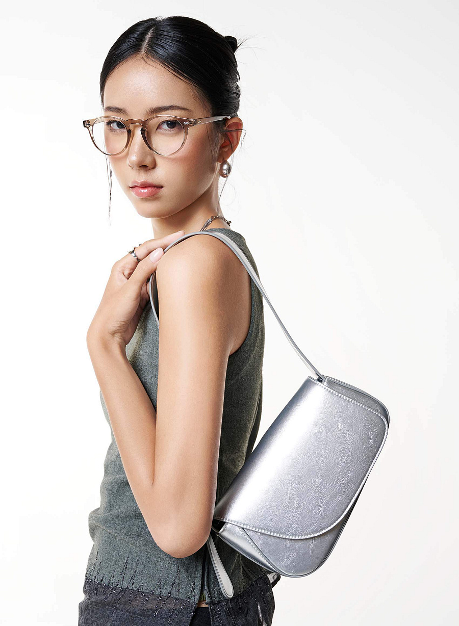 Asymmetric Fold-Over Shoulder Bag - MES 0281 - Silver - vascara.com