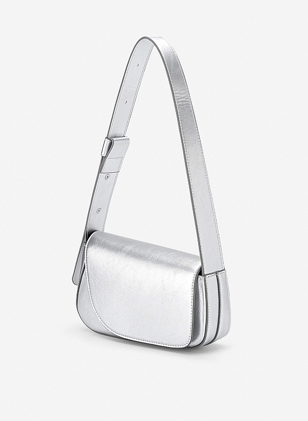 Asymmetric Fold-Over Shoulder Bag - MES 0281 - Silver - VASCARA
