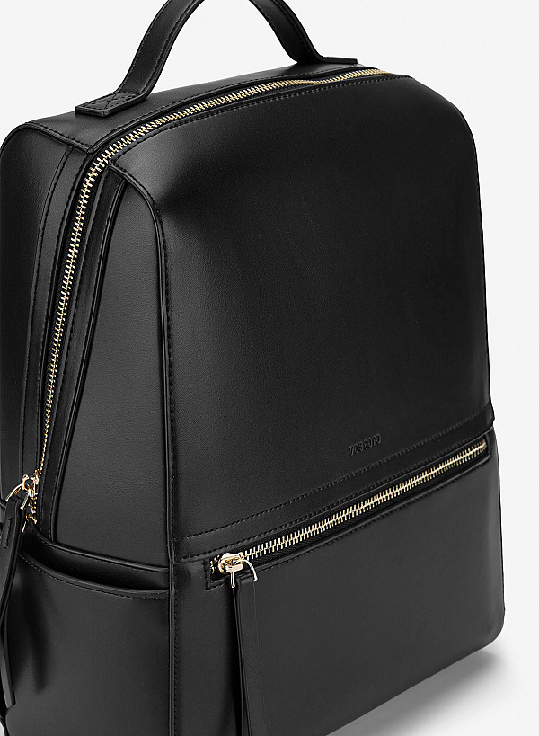 Basic Front Zipper Pocket Backpack - BAK 0213 - Black - VASCARA