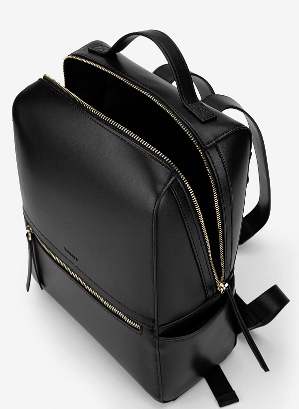 Basic Front Zipper Pocket Backpack - BAK 0213 - Black - VASCARA