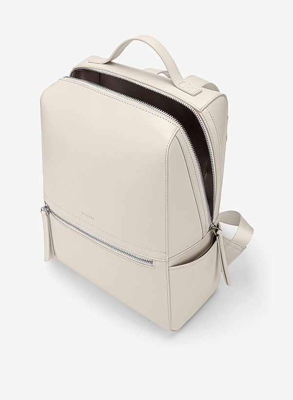 Basic Front Zipper Pocket Backpack - BAK 0213 - Cream - VASCARA