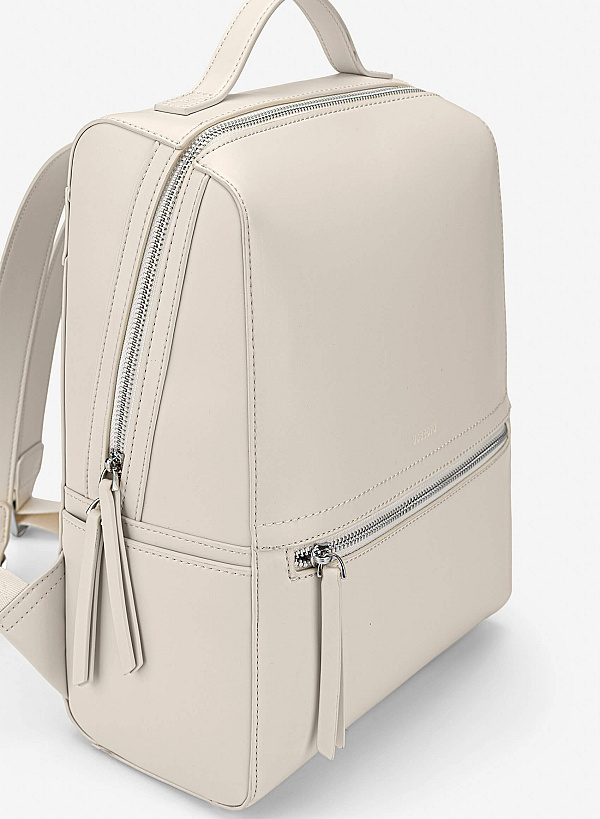 Basic Front Zipper Pocket Backpack - BAK 0213 - Cream - VASCARA