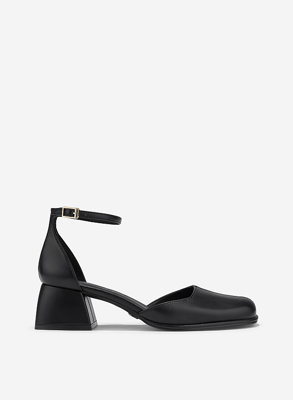 Block Heel Ankle Strap Round Toe Pumps - HIG 0703 - Black
