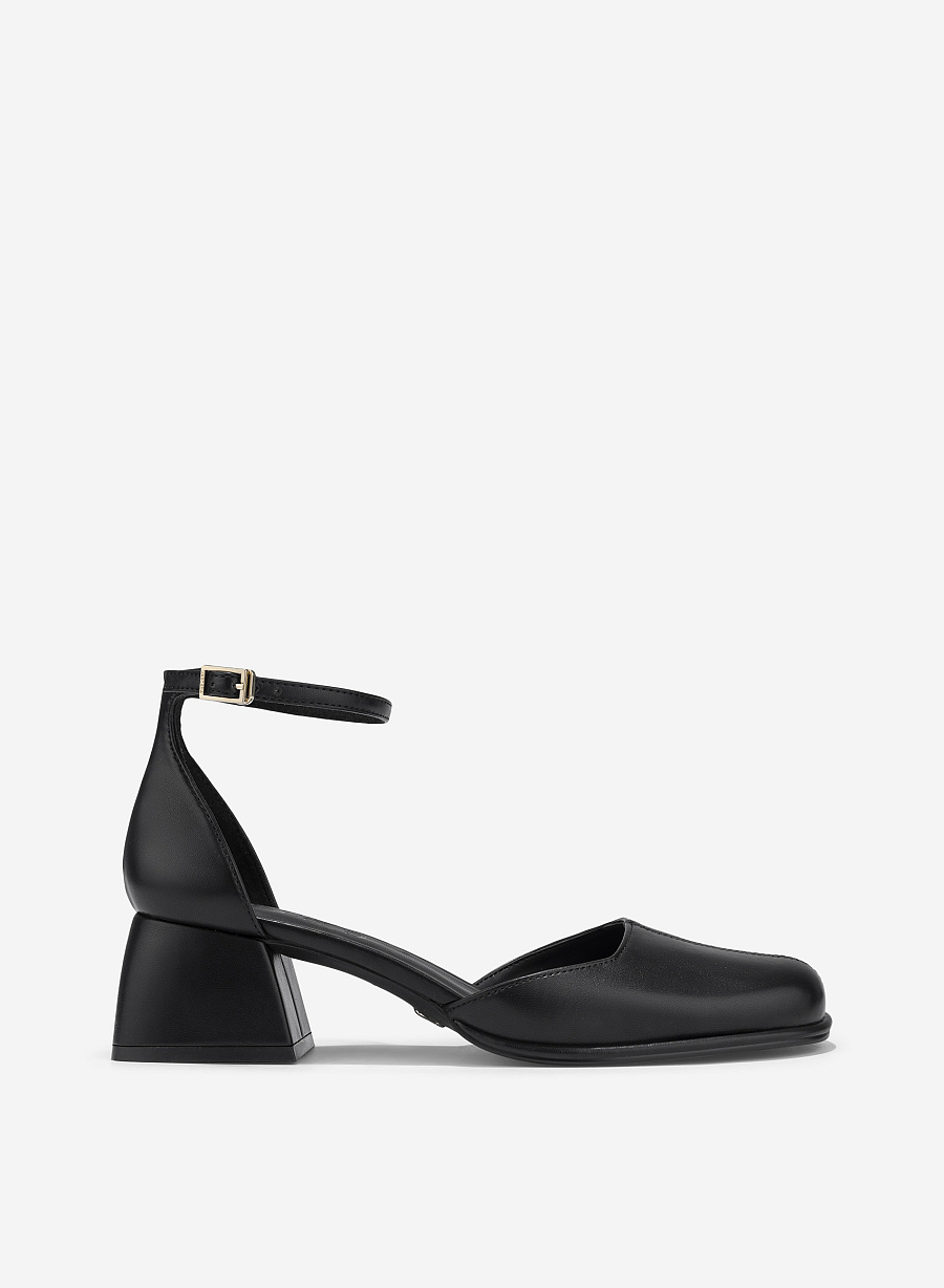 Block Heel Ankle Strap Round Toe Pumps - HIG 0703 - Black - vascara.com