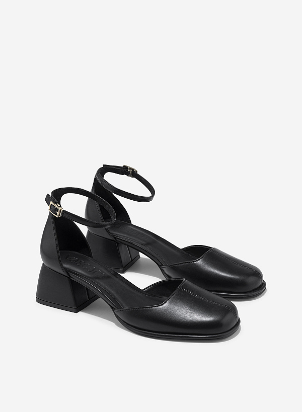 Block Heel Ankle Strap Round Toe Pumps - HIG 0703 - Black - VASCARA