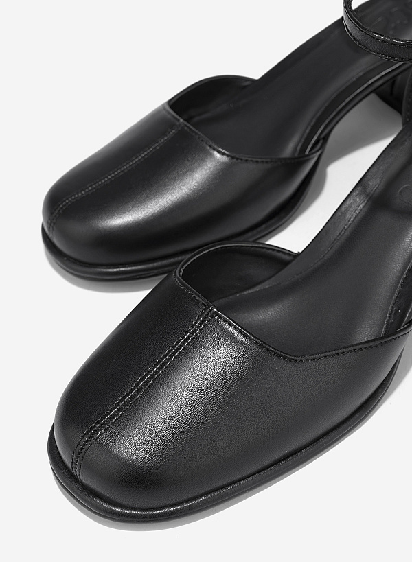 Block Heel Ankle Strap Round Toe Pumps - HIG 0703 - Black - VASCARA