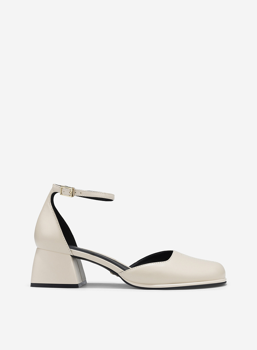 Block Heel Ankle Strap Round Toe Pumps - HIG 0703 - Cream - vascara.com