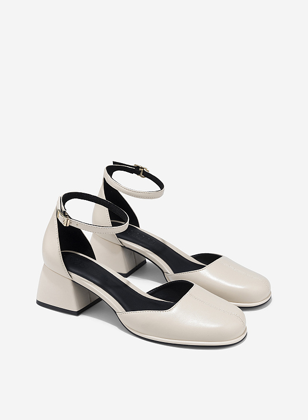 Block Heel Ankle Strap Round Toe Pumps - HIG 0703 - Cream - VASCARA