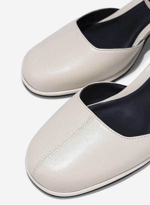 Block Heel Ankle Strap Round Toe Pumps - HIG 0703 - Cream - VASCARA