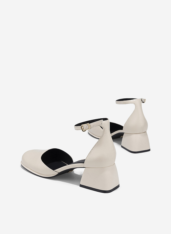 Block Heel Ankle Strap Round Toe Pumps - HIG 0703 - Cream - VASCARA