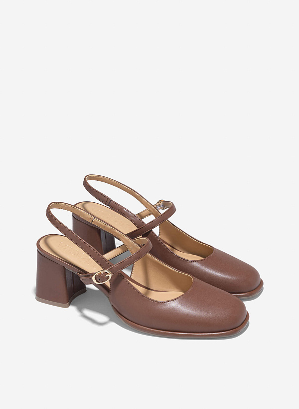 Block Heel Mary Jane Slingbacks - HIG 0672 - Dark Brown - VASCARA