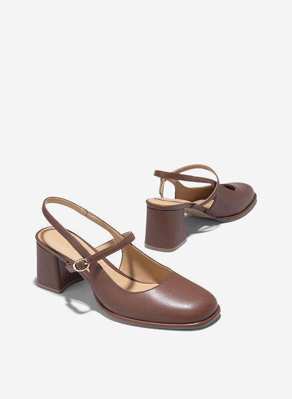 Block Heel Mary Jane Slingbacks - HIG 0672 - Dark Brown - VASCARA