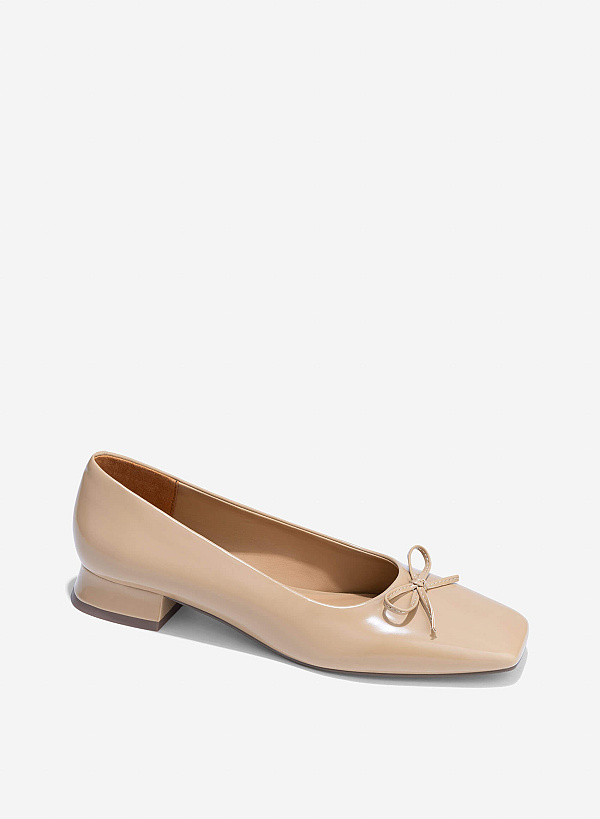 Bow Square Toe Block Heels - HIG 0680 - Beige - VASCARA
