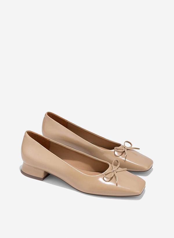 Bow Square Toe Block Heels - HIG 0680 - Beige - VASCARA