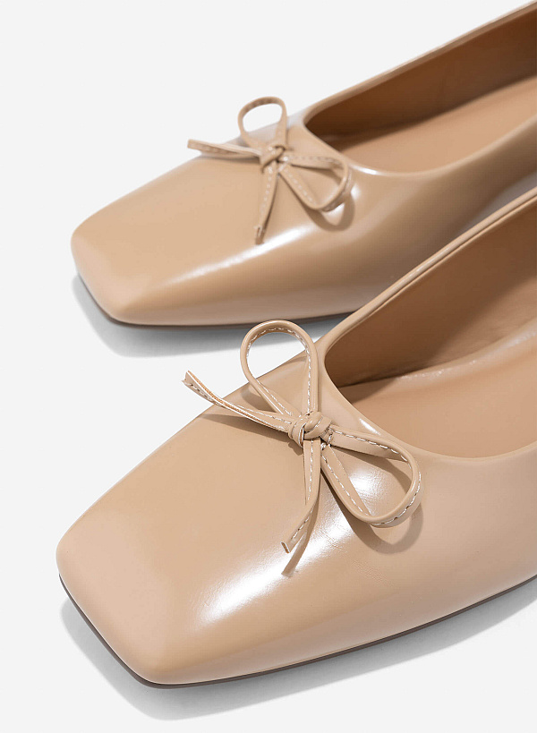 Bow Square Toe Block Heels - HIG 0680 - Beige - VASCARA