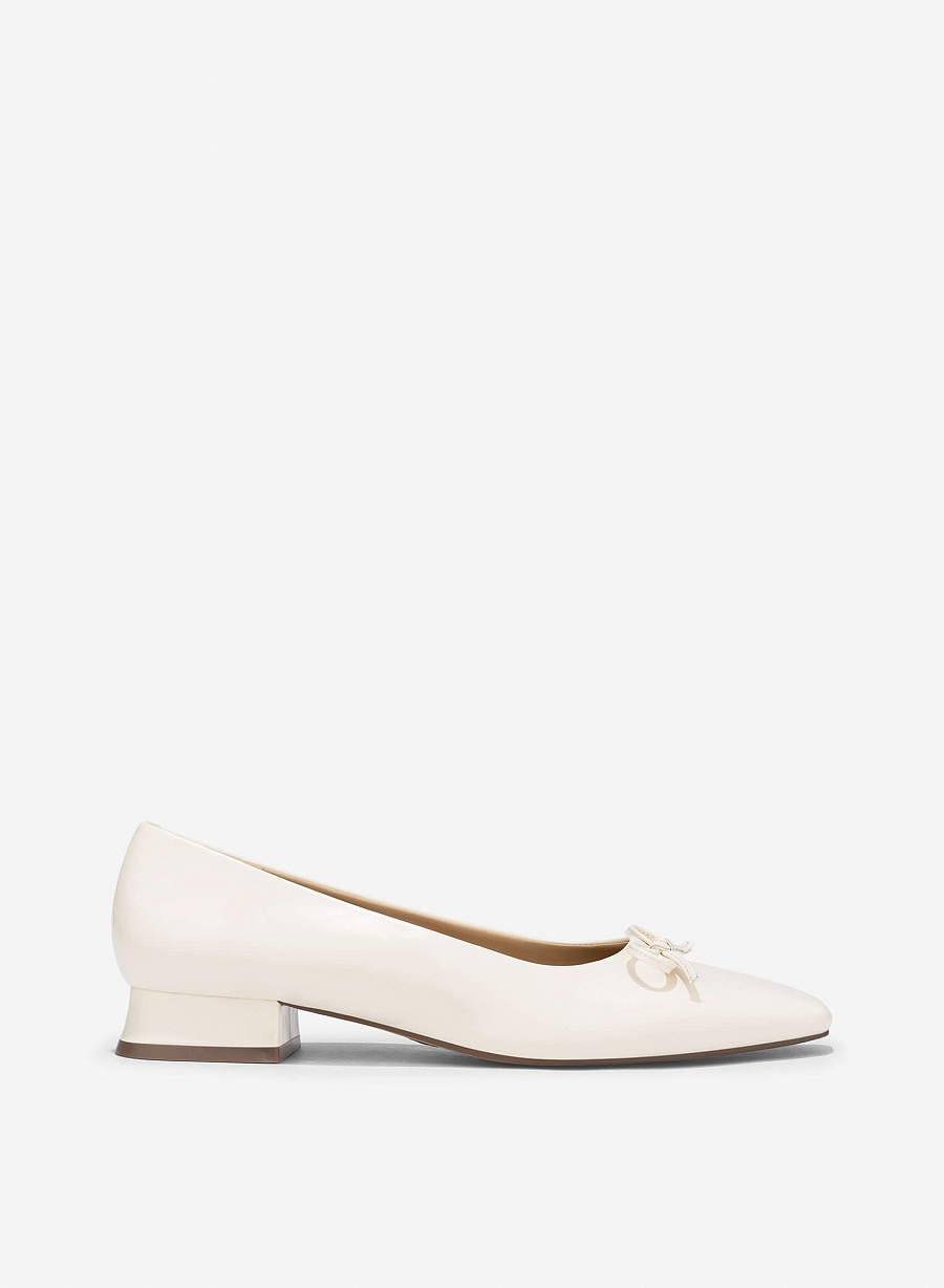 Bow Square Toe Block Heels - HIG 0680 - Cream - vascara.com