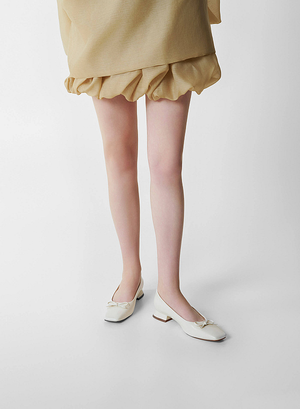 Bow Square Toe Block Heels - HIG 0680 - Cream - VASCARA