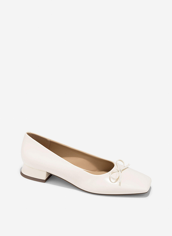 Bow Square Toe Block Heels - HIG 0680 - Cream - VASCARA