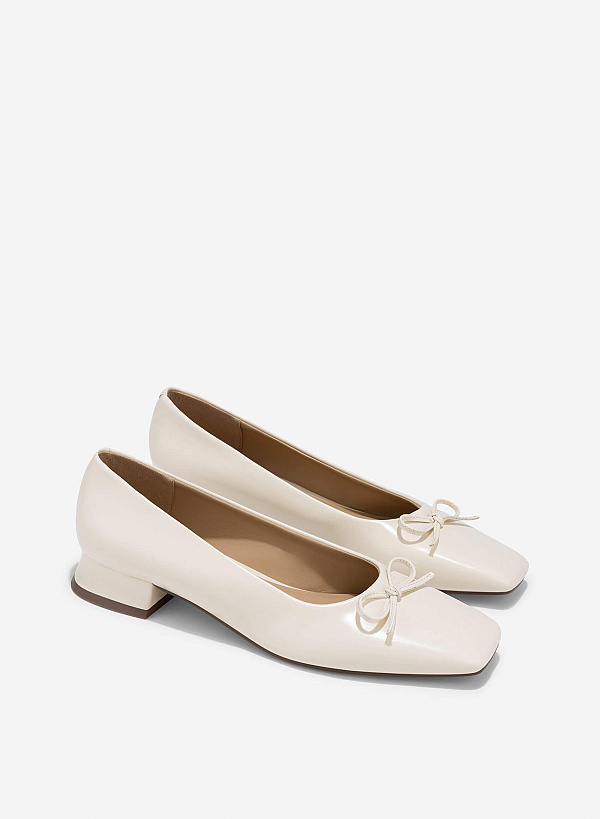 Bow Square Toe Block Heels - HIG 0680 - Cream - VASCARA
