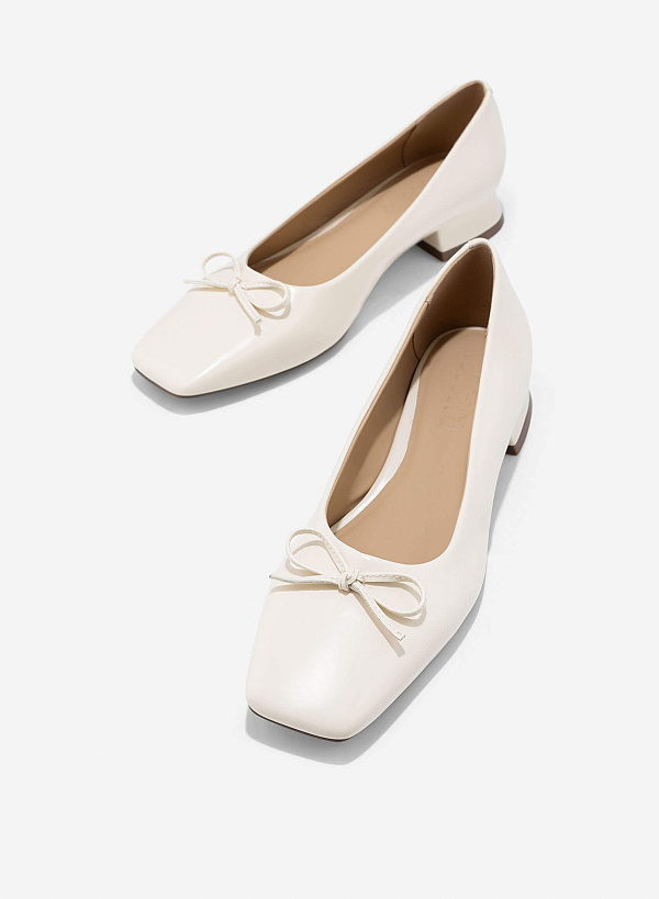 Bow Square Toe Block Heels - HIG 0680 - Cream - VASCARA