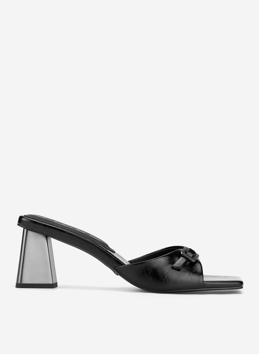 Buckle Block Heel Mules - MUL 0220 - Black - vascara.com