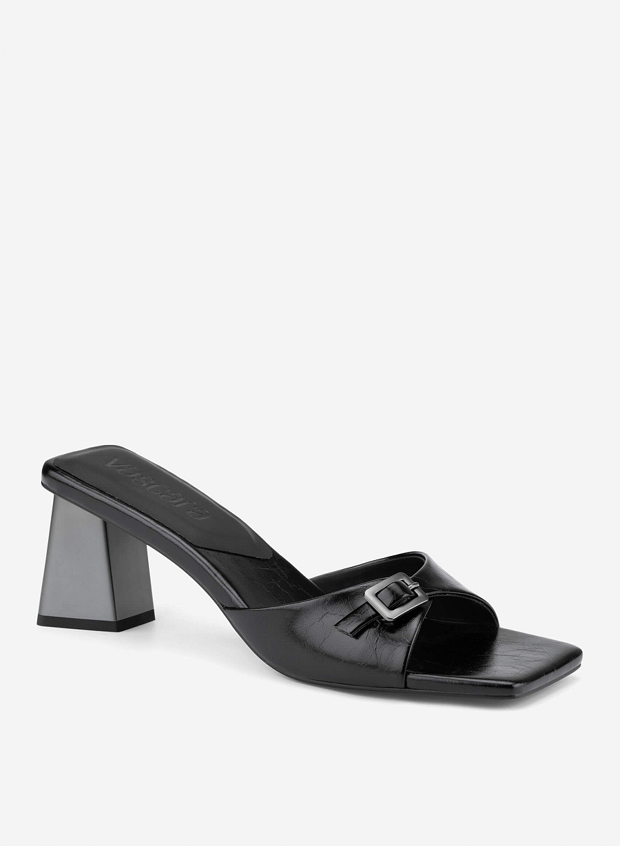 Buckle Block Heel Mules - MUL 0220 - Black - vascara.com