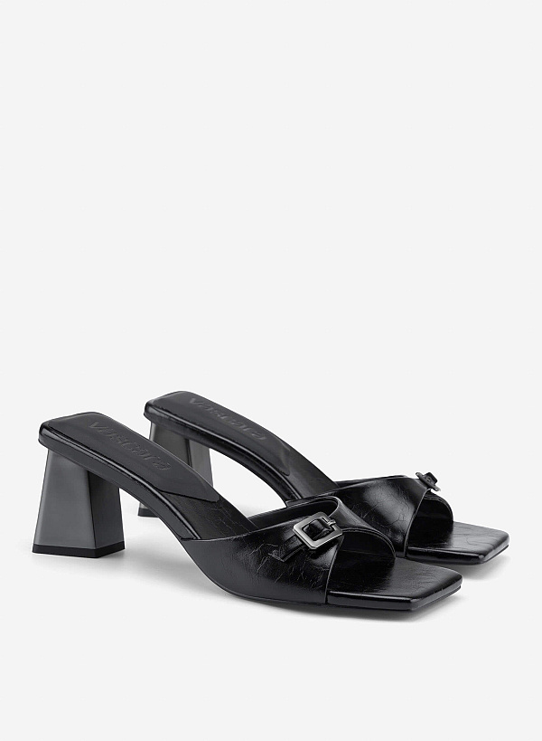 Buckle Block Heel Mules - MUL 0220 - Black - VASCARA