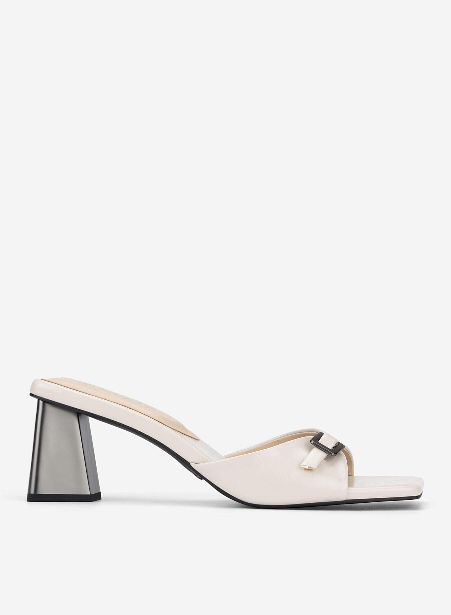 Buckle Block Heel Mules - MUL 0220 - Cream - vascara.com