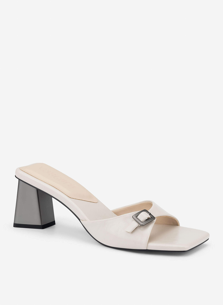 Buckle Block Heel Mules - MUL 0220 - Cream - vascara.com