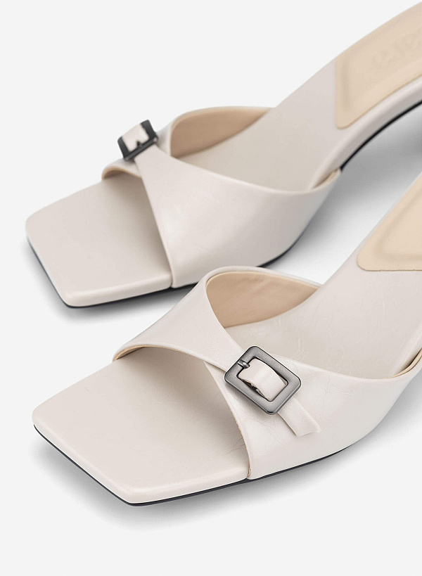 Buckle Block Heel Mules - MUL 0220 - Cream - VASCARA